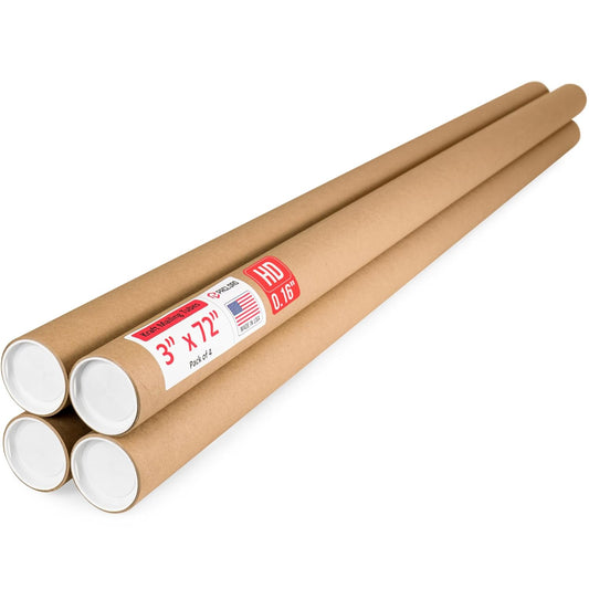 3" x 72" Heavy-Duty Reinforced Cardboard Mailing Tube, Pack of 4 Tubes with 8 Caps – Secure USPS Approved – Great for Shipping and Storing of Prints, Artwork, Posters or Documents