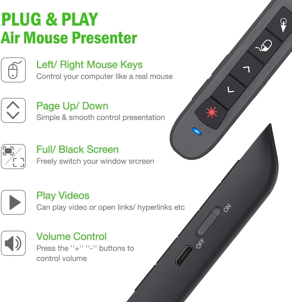 Air Mouse Green Light Presentation Remote Control USB Rechargeable Presentation Clicker Wireless Presenter RF 2.4 GHz Powerpoint Clicker Slide Advancer Changer Mac/Laptop/Computer