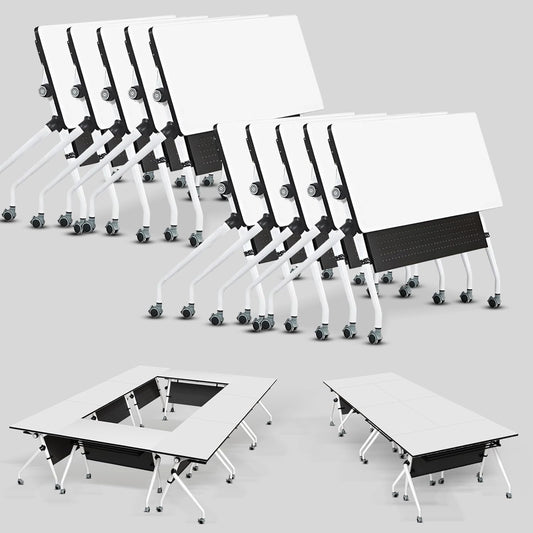 Conference Table, Folding Conference Room Tables, Mobile Training Tables with Silent Wheels, Large Rectangular Modular Seminar Table Office Computer Desks for Classroom White (10Pack L70.9in)