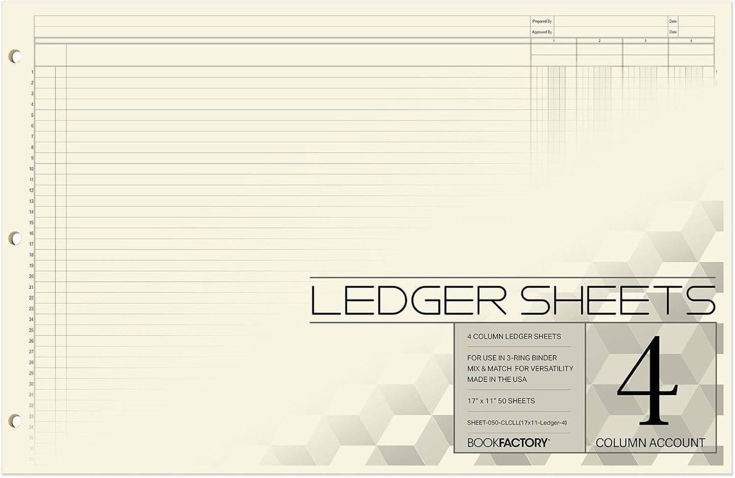 BookFactory Ledger Sheets/Large 4 Column Accounting Ledger Columnar (Four Columns) Loose Leaf Paper - 17'' x 11'', 50 Pages, Loose Leaf, 3 Hole Punched (SHEET-050-CLCLL(17x11-Ledger-4)-AX)