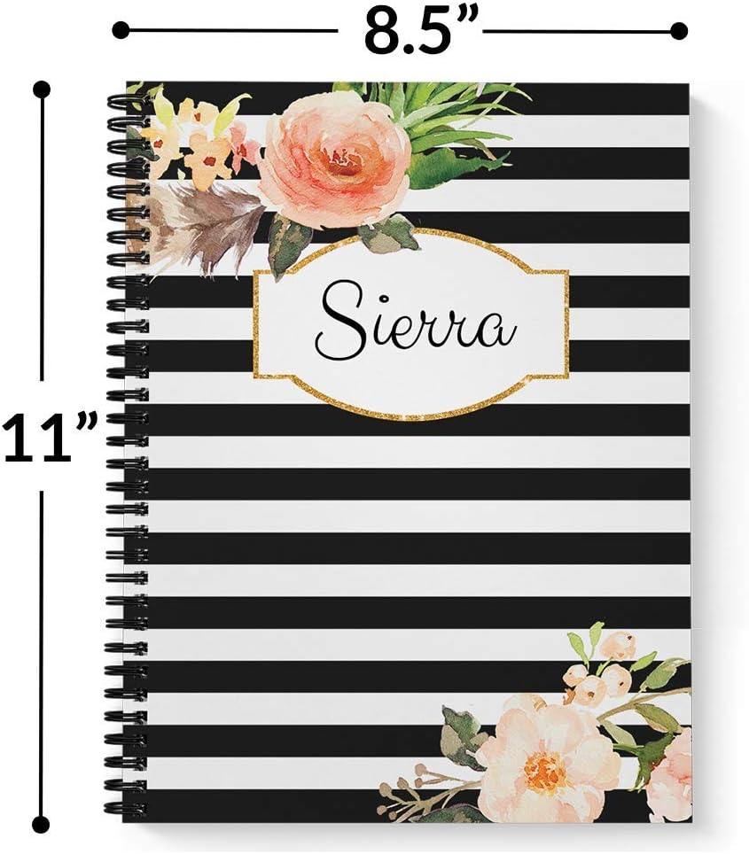 Classic Floral Personalized Notebook/Journal, Laminated Soft Cover, 120 pages of your selected paper, lay flat wire-o spiral. Size: 8.5” x 11”. Made in the USA