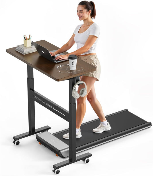 Mobile Walking Pad Desk with Wheels, Pneumatic Small Rolling Standing Desk Riser Height Adjustable (28-43.7") for Treadmill, Portable Computer Table for Home Office, Black Walnut