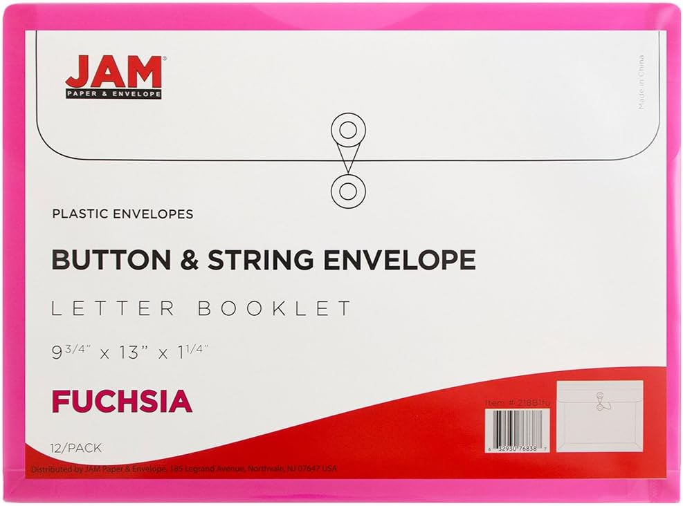 JAM PAPER Plastic Envelopes with Button & String Tie Closure - Letter Booklet - 9 3/4 x 13 - Fuchsia - 12/Pack