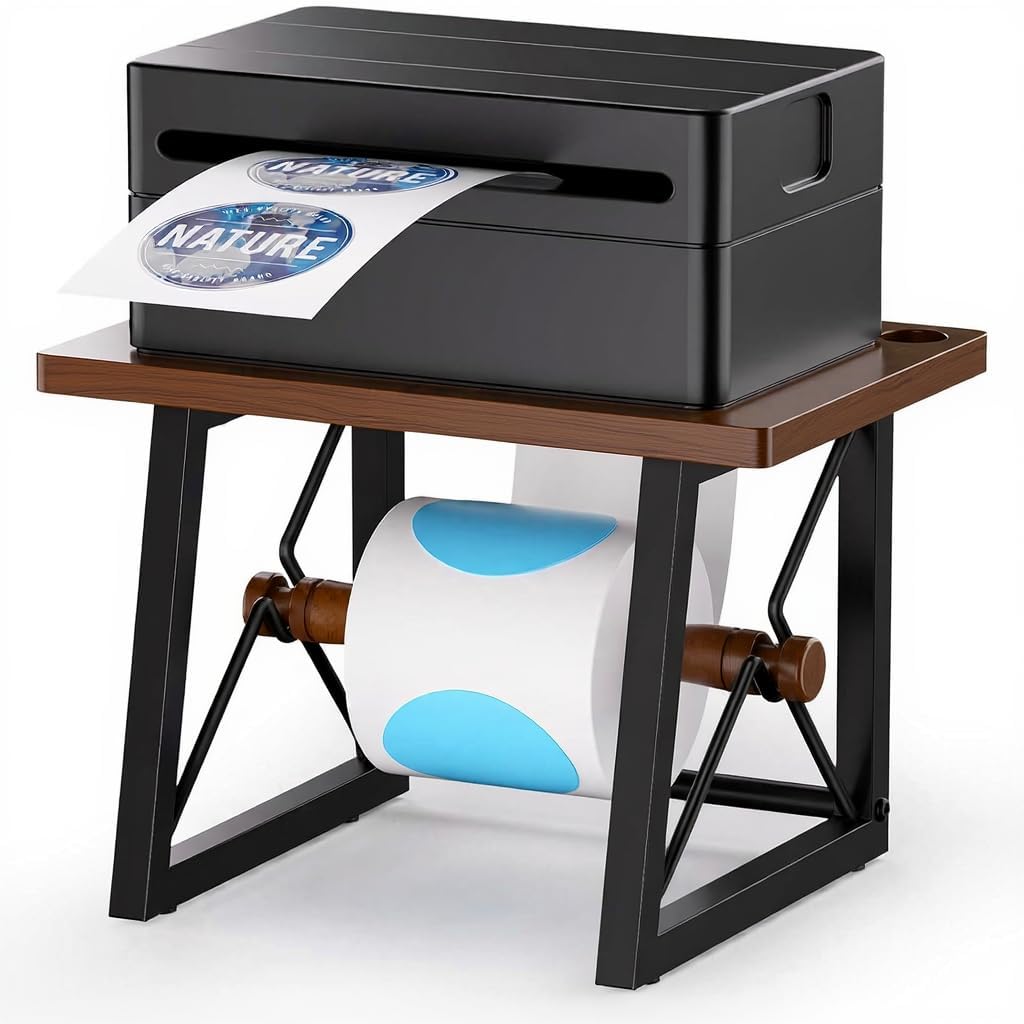 Label Holder for Rolls and Fan-fold Labels, Wooden Label Holder for Desktop Thermal Label Printer, Shipping Printer Accessory for Home, Office, Small Business (Black Walnut)