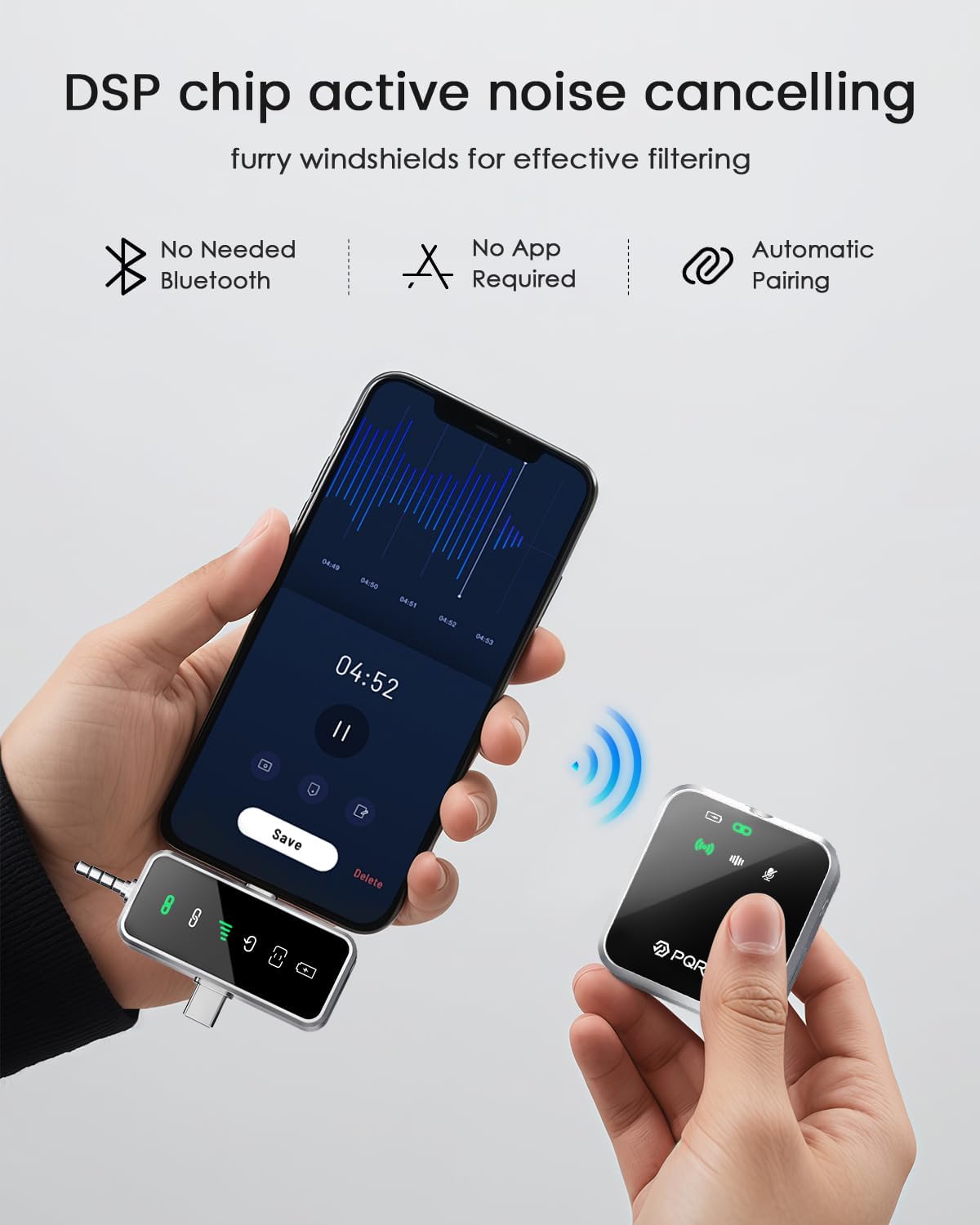 PQRQP 3 in 1 Mini Microphone for iPhone, Android, Camera | 328ft Range & 18H Battery | Noise-Canceling Mini Mic for Interviews, Content Creation, TikTok (Metallic Silver)