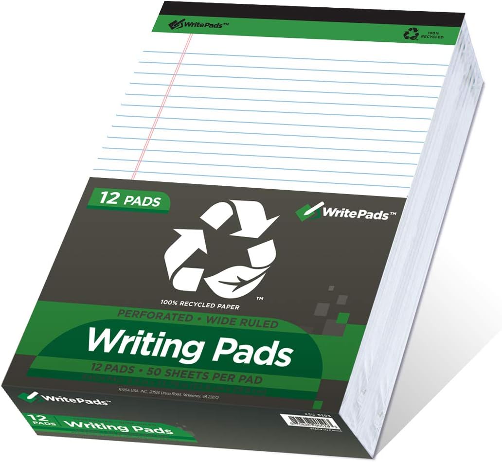 KAISA White Legal Pads 12pads Writing Pads Recycled Paper, 8.5"x11.75" Wide Ruled Perforated 50 sheets Hard Back Notepads 8-1/2"x 11-3/4" Writing Tablet Canary For Office Supplies (Pack of 12pc) KSU-5293