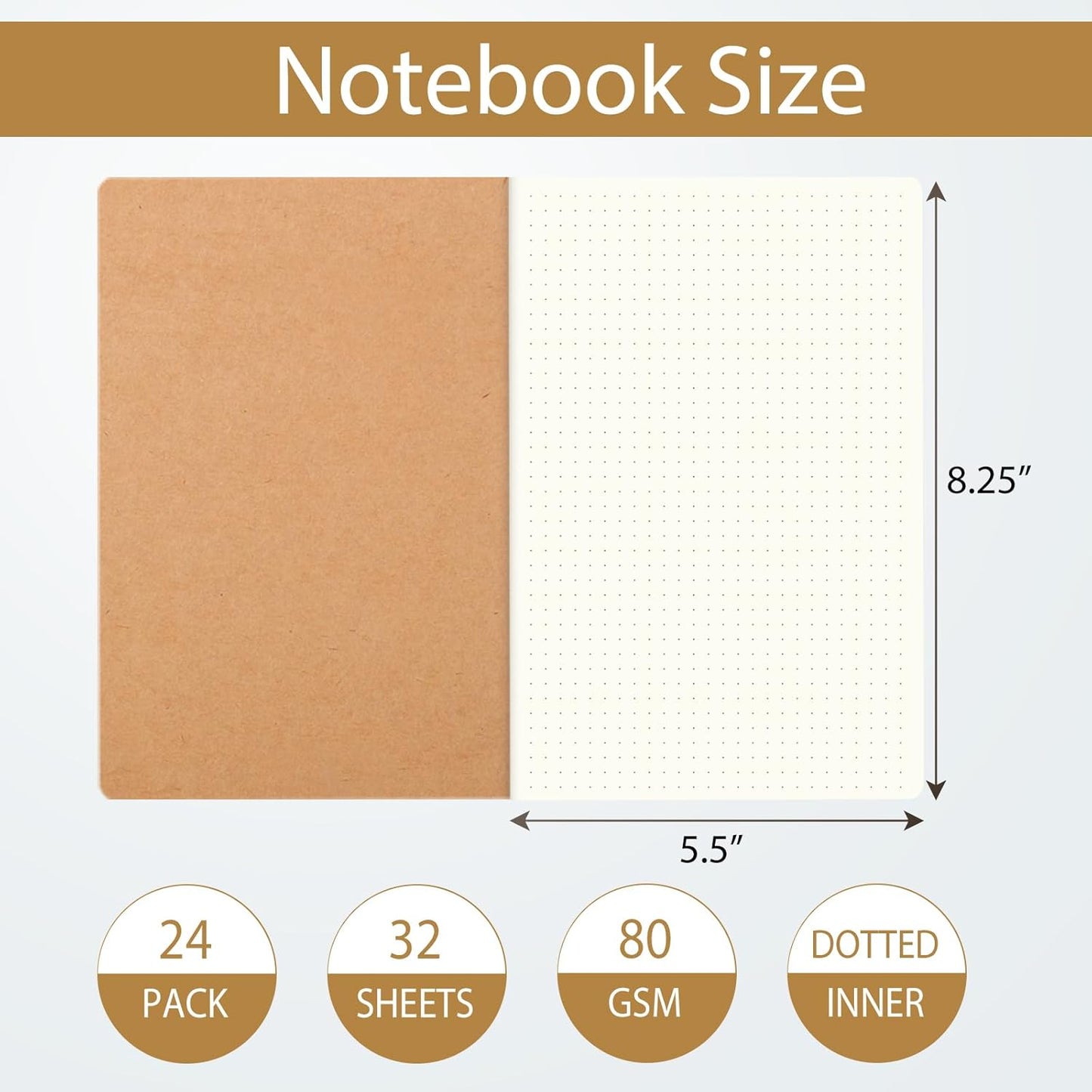 24 Pack 8.25x5.5 Inches Dot Grid Paper Notebook/ A5 Size Dot Journal Notebook, Dot Grid Subject Notebooks Wire-Bound with Kraft Cover, 32 Sheets/64 Dot Pages