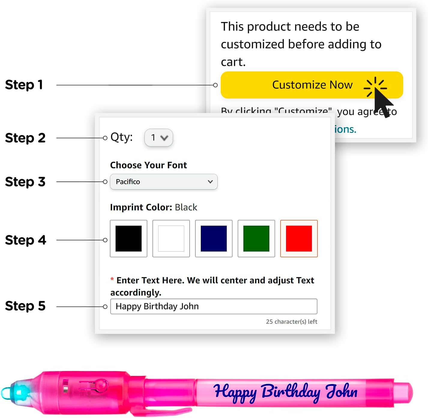 Personalized Invisible Disappearing Ink Pen Marker, Custom Secret Spy Message Writer with UV Light, Fun Activity Entertainment for Kid Party Favors Ideas Gifts and Stock Stuffers, 24 Pack, Pink