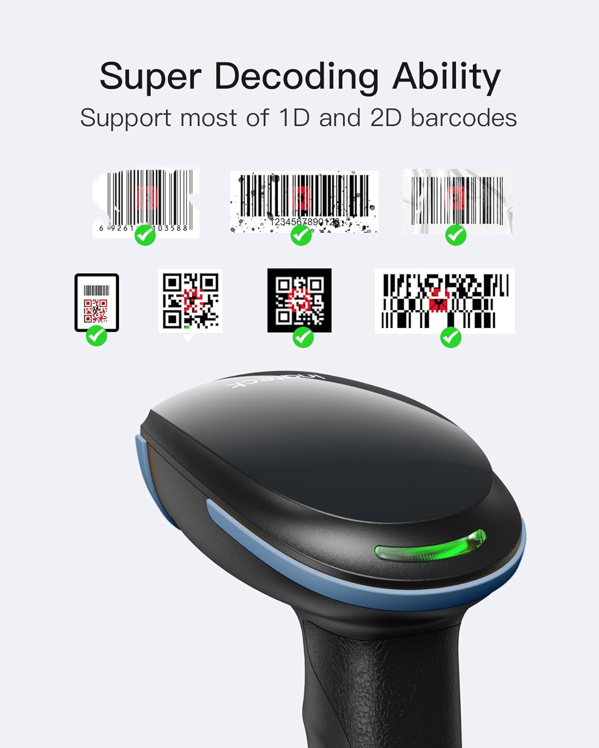 Inateck 2D Barcode Scanner with Intelligent Stand, Wireless QR Code Scanner, Handheld Scanner with APP and SDK, 2D Imager with 2600mAh Battery, BCST-35 Blue
