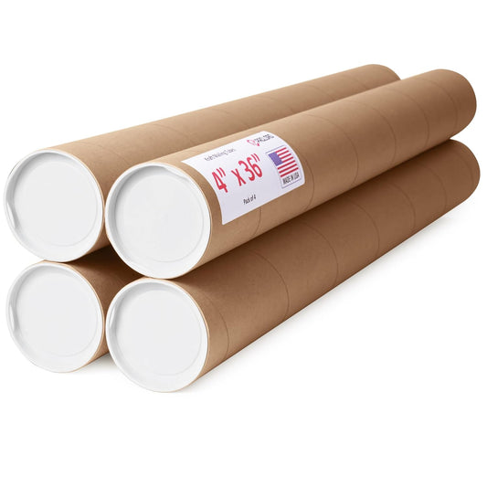 4" x 36" Reinforced Kraft Paper Mailing Tubes, Pack of 4 Tubes with 2 Caps Each – USPS Approved Poster Tube – Made in USA Cardboard Tube for Shipping and Storing Posters, Prints, Artwork, or Documents