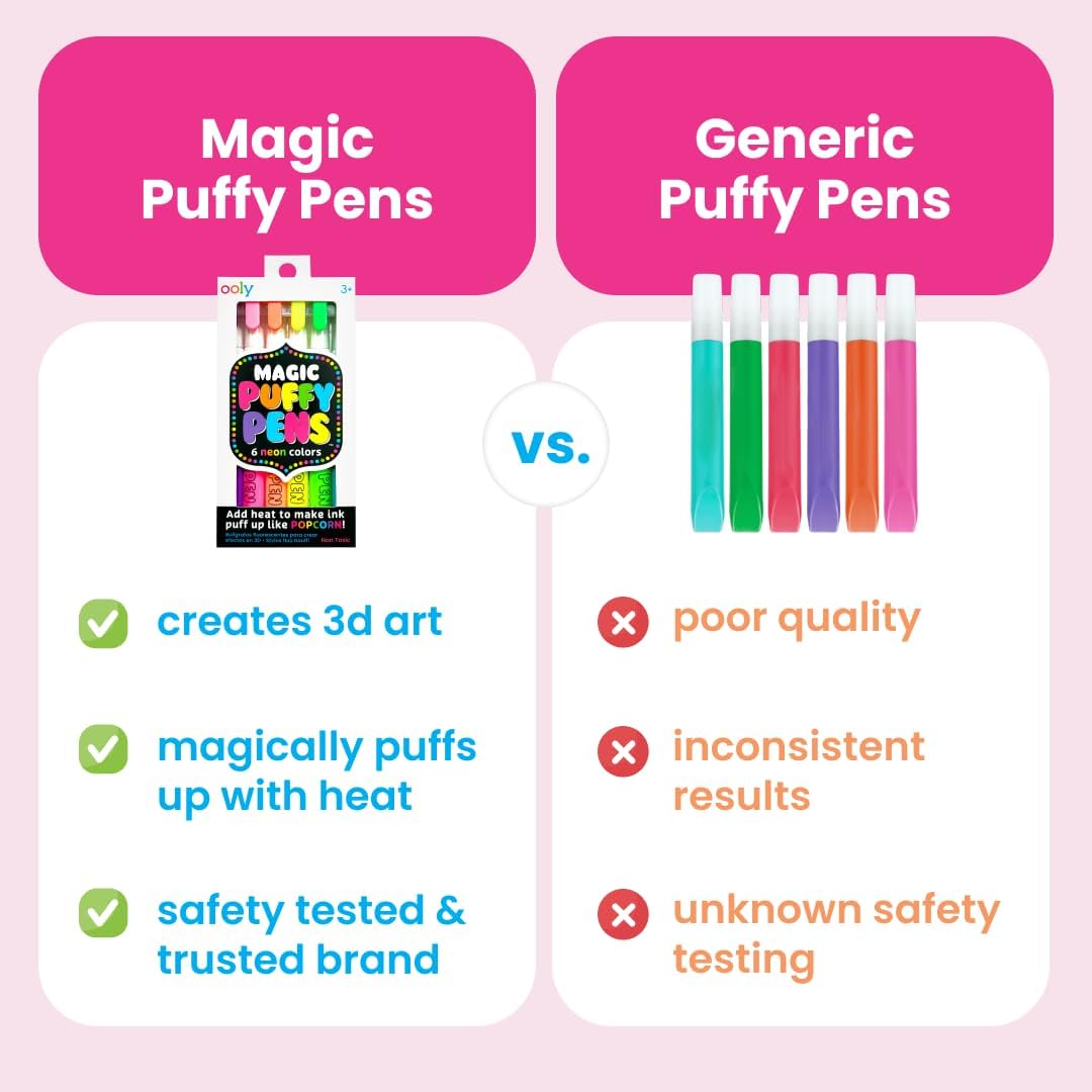 Ooly Puffy Paint Neon Gel Pens Set of 6, 3D Foam Texture Painting Magic Puffy Pen, Creative and Fun Pens for Kids Arts and Crafts Drawing Supplies