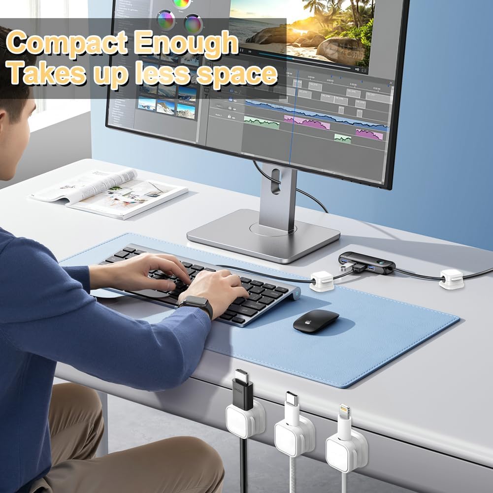 18 Pack Cord Organizer Holder, Magnetic Cable Clips Management, Easy Adhesive Phone Charging Cable Keeper, Hide Or Organize Desk Cable for Kitchen, Office, Car, Nightstand（White）