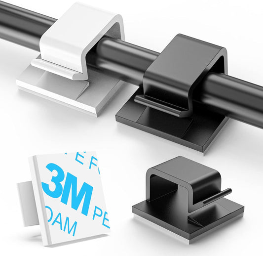 100 PCS Adhesive Cable Clips (Large, White&Black), Upgraded Wall Wire Holder Cord Organizer for Cable Management Under Desk, Light Clips Hooks for LED, HDMI, Eetension Cord, Powder Cable