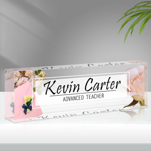Name Plate for Desk Personalized, Acrylic Desk Decorations, Employee Appreciation Gifts, Custom Office Gifts for Coworkers, Boss, Teacher, Nurse (Pink Rose)