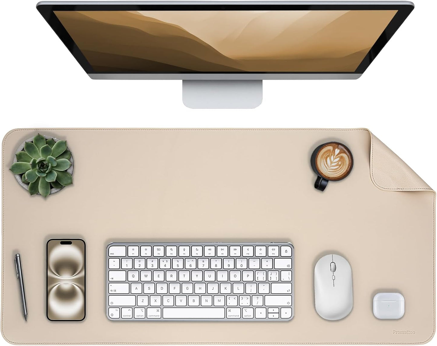 Oversized Non-Slip Desk Pad Protector – Grips Desk Firmly, Anti-Slip Like You've Never Seen! Vegan Leather Waterproof Laptop Mat for Keyboard & Mouse – Large Office Pad– Warm Beige