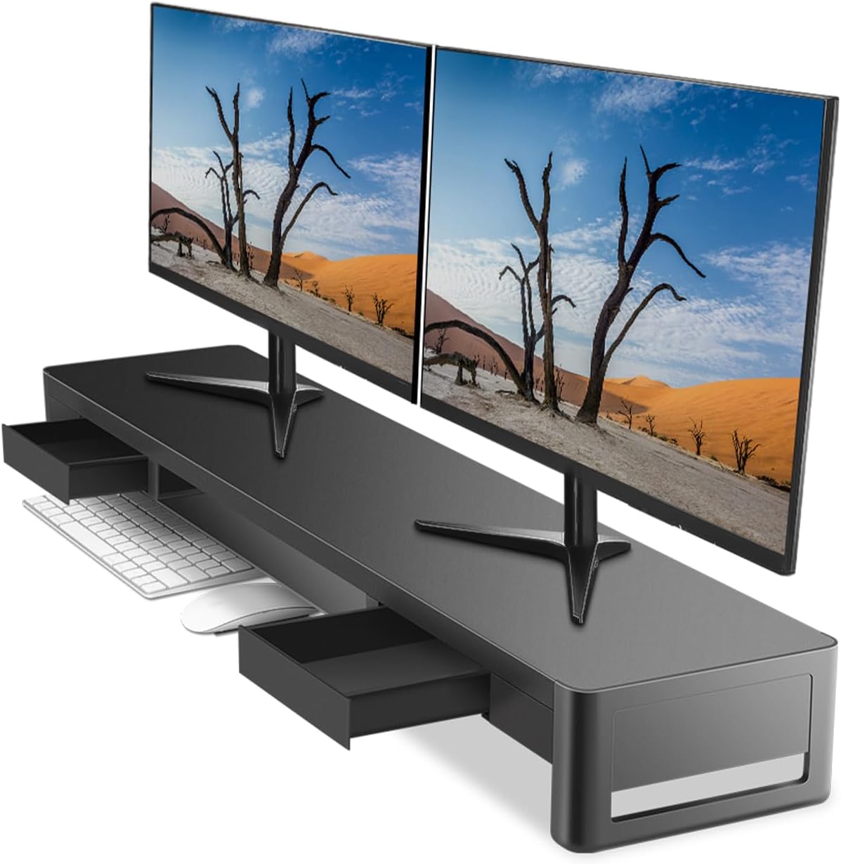 meatanty Dual Monitor Stand Riser with 2 Storage Drawers, Metal Computer Monitor Stand Monitor Shelf with Pull Out Drawer, Keyboard and Mouse Storage Desktop Organizer for PC,Laptop,iMac,TV,Printer