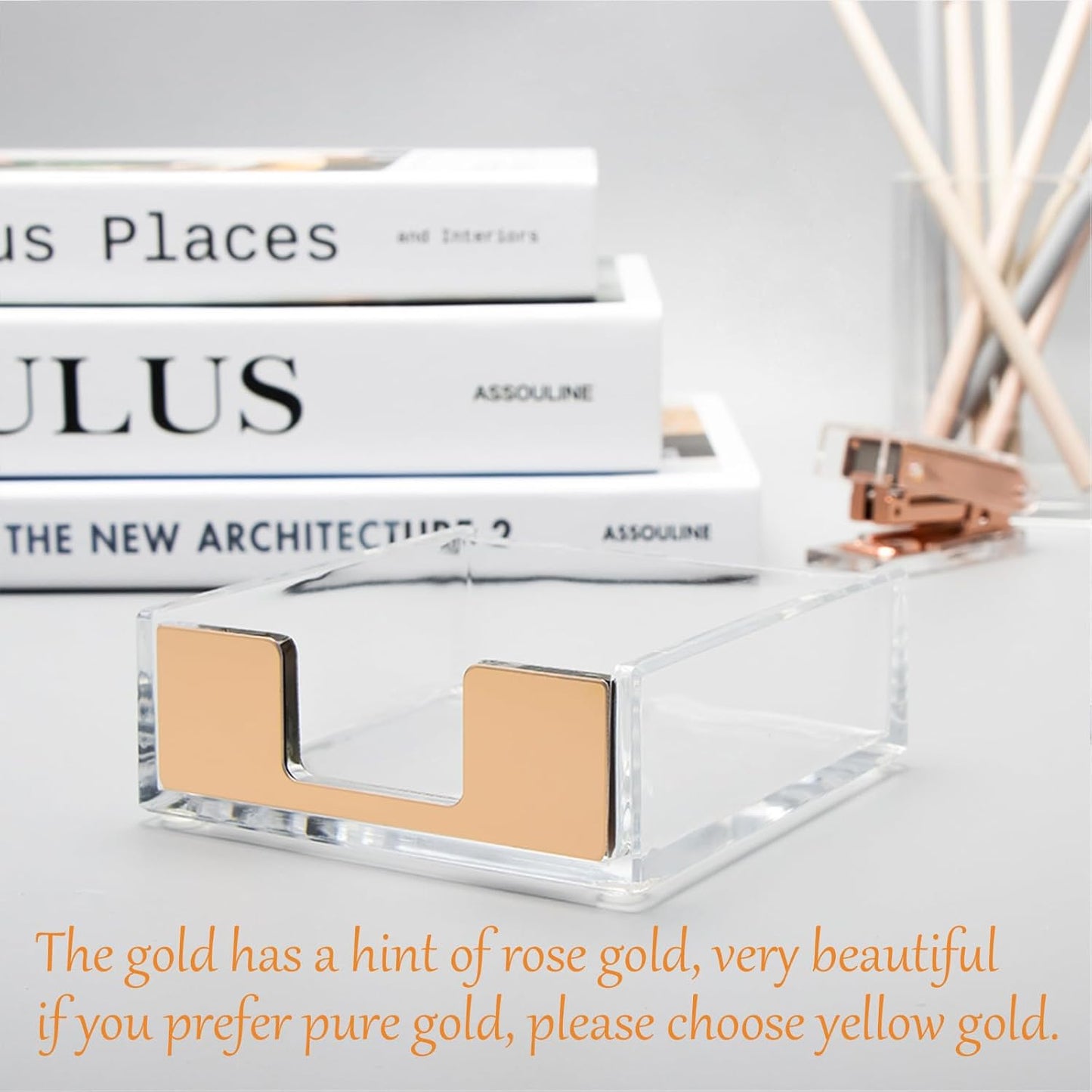 NatSumeBasics Gold Sticky Note Holder Clear Acrylic Post a Note Dispenser Cute Desk Organizer for Office Home School Aesthetic Accessories (Matt Gold)