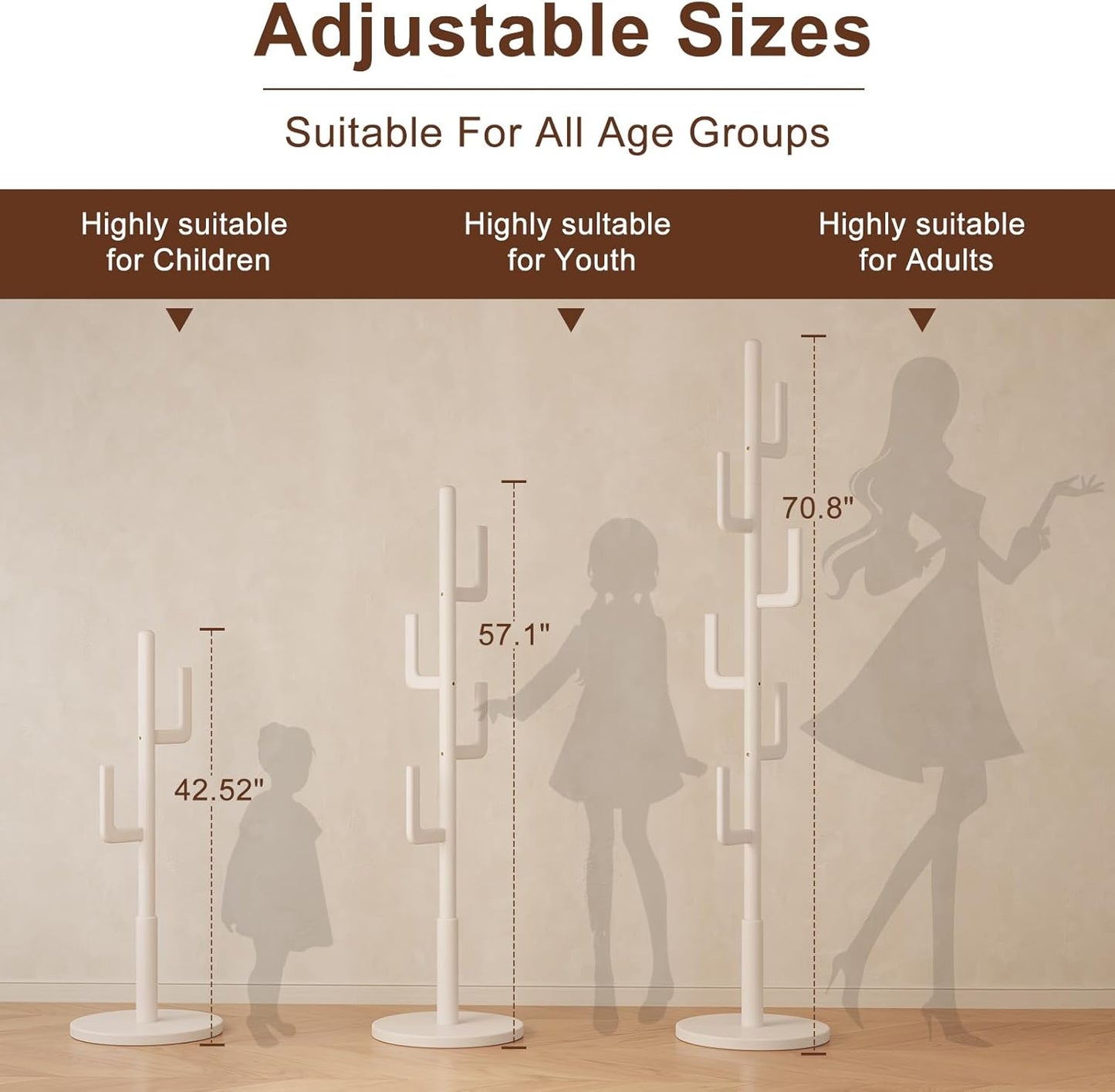 Solid Wood Cactus Coat Rack, Freestanding Coat Rack With 6 L-Shaped Hooks and 3 Adjustable Sizes, Coat Tree for Bedroom, Entryway, Livingroom, Coat Hanger Stand for Coats, Handbags (White)