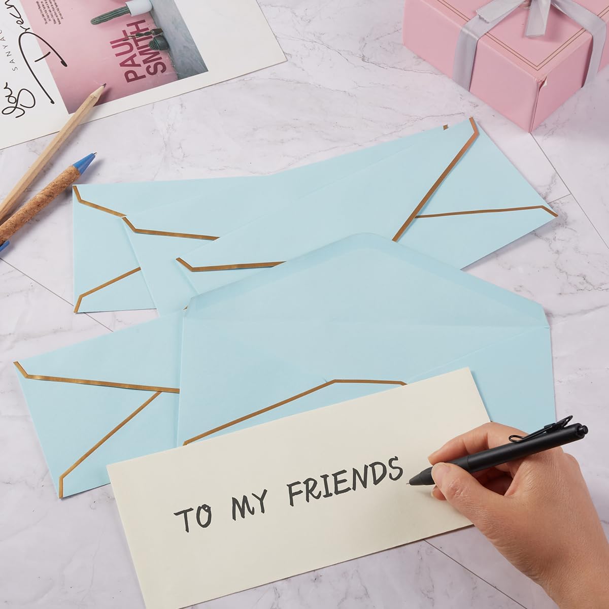 30 Pack Thick #10 Business Envelopes with Gold Border, 4 1/8 x 9 1/2 Thick Paper Standard Envelopes with Stickers for Office, Checks, Letter Mailing, Invoices (Light Blue)