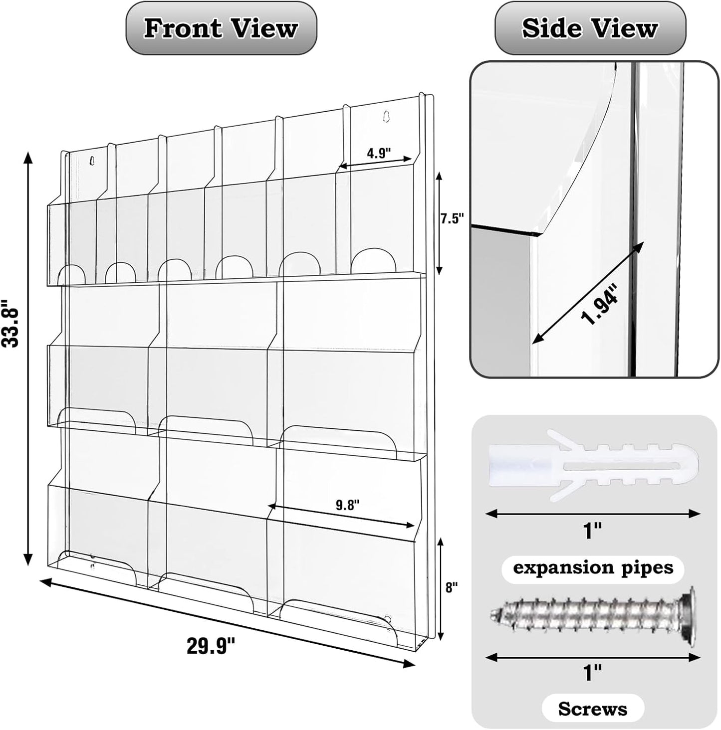 Acrylic Brochure Pamphlet Holder, 6 Magazine Holders and 6 Pamphlet Holders, Clear Brochure Display Stand Wall Mount, Trifold Flyer Rack, Literature Storage Rack for Home, Offices, Waiting Room