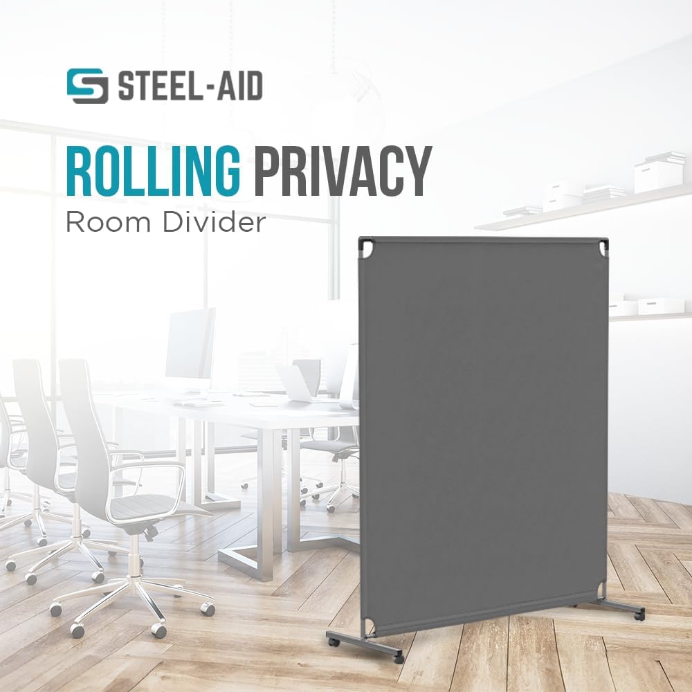 Steel-AID 50-inch Rolling Privacy Room Divider - Freestanding Office Wall Partition with Non See-Through Blackout Screen - Sturdy & Durable Iron Frame - Rolling Wheels - Black, White, Gray & Blue