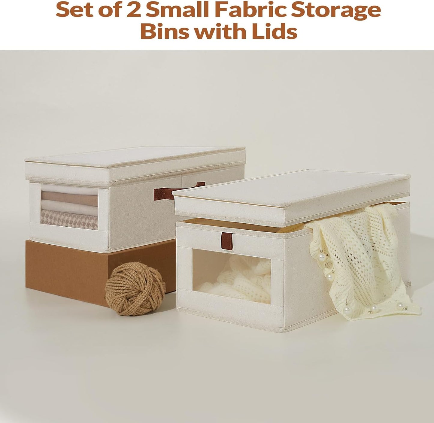 Fabric Storage Bins with Lids, Collapsible Closet Organizer with Sturdy Handles, Clear View Window, Stackable Storage Baskets for Clothes, Towels, Books, Hand Pull Closet Organizer Boxes-2-Pack, Beige