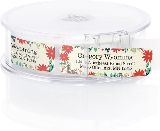 Ivory Holiday Floral Rolled Address Labels/Roll of 500 Personalized Return Address Labels/Designer Return Address Stickers in Elegant Plastic Dispenser