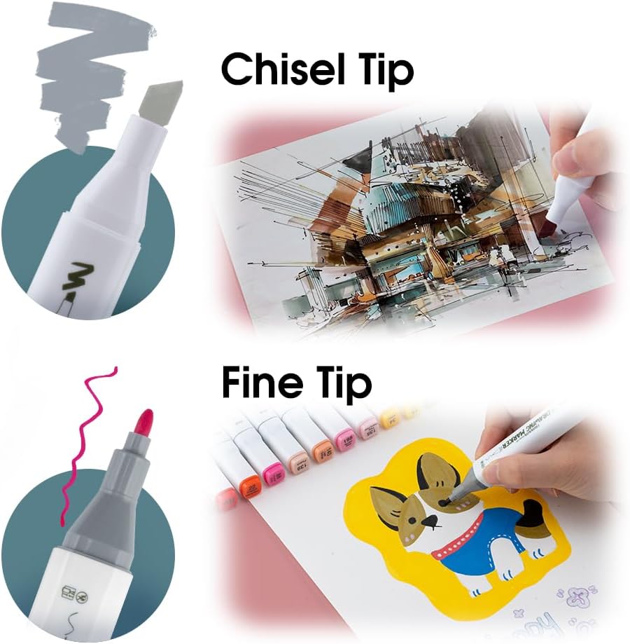 TRANSON Alcohol Markers for Drawing Coloring 24 Colors Dual-tip Fine and Chisel Tips