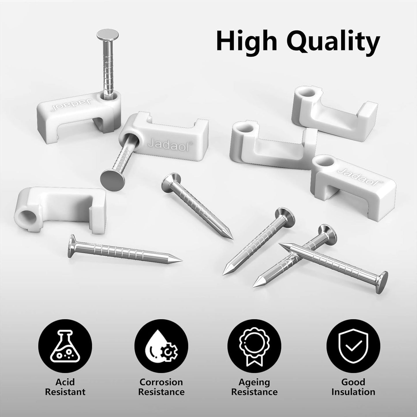 Jadaol 100Pcs 7.5mm Cable Clips with Nails, Custom Fit for Jadaol Cat6 Flat Ethernet Cable, Wall Wire Tacks for RJ45 LAN, Coax, Speaker, and Network Cables