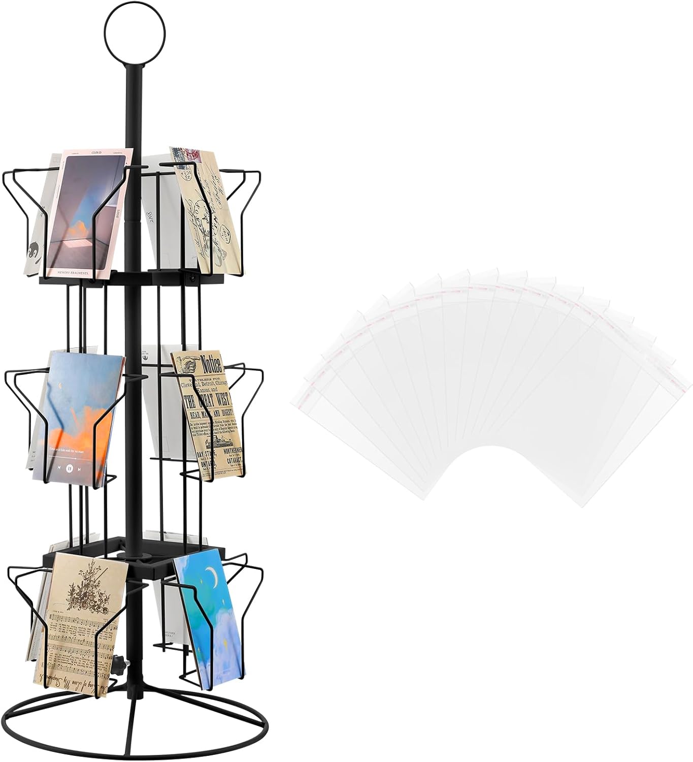 Nuanchu 12 Pockets Greeting Card Display Stand Countertop Rotating Greeting Card Rack with 200 Clear Resealable Bags 3 Tier Metal Display Stand Spinning Holder for Stickers Showcase Postcard(Black)