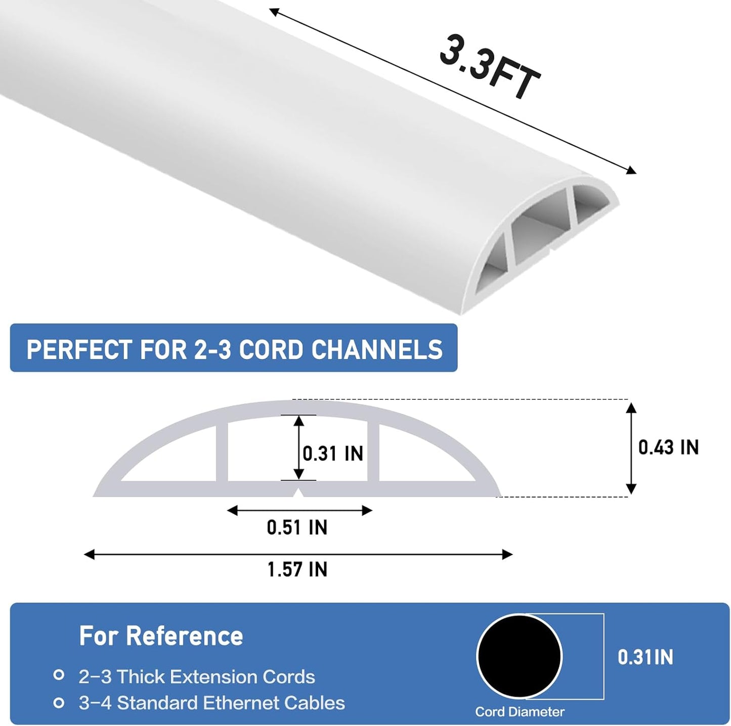Floor Cord Cover Self Adhesive Cord Hider Floor Extension Cord Covers for Floor Power Cord Protector Cable Management Prevent Cable Trips Cable Cavity 0.51" W x 0.31" H (White, 3.3Ft)