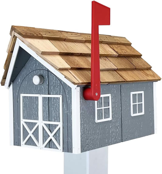 Peaceful Classics Amish Cedar Roof Wooden Mailbox with Window & Door Trim, Handcrafted Mailboxes for Outside, Post Mount Residential Mailboxes - (Gray & White, Wood)