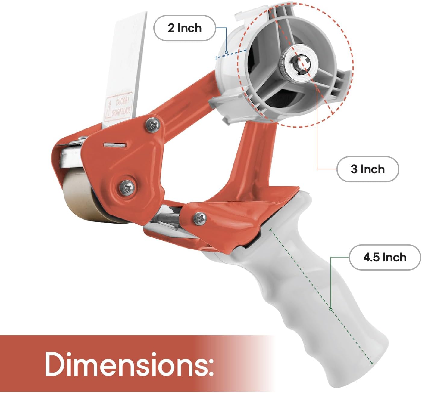 Heavy Duty Metal Frame Orange Packing Tape Dispenser 3 Inch Core with Special Ergonomic Handle, Tape Gun for Packing Boxes with Premium Tempered Steel Blade - for 2 inch Wide Roll