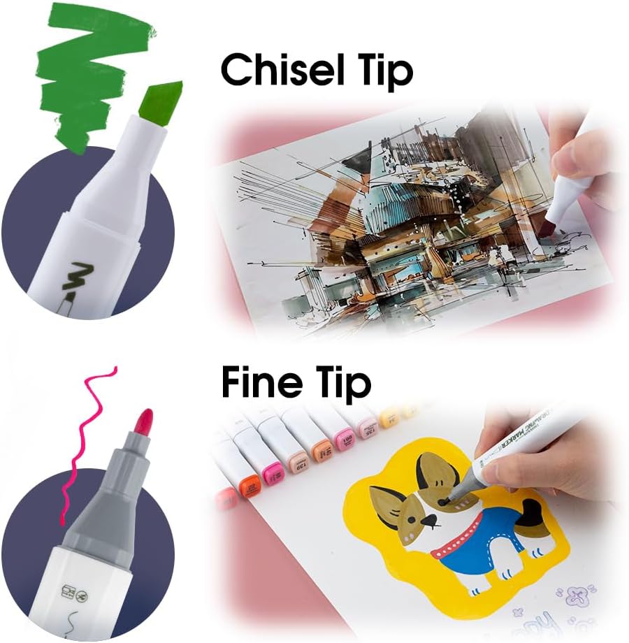 TRANSON Alcohol Markers for Drawing Coloring 48 Colors Dual-tip Fine and Chisel Tips