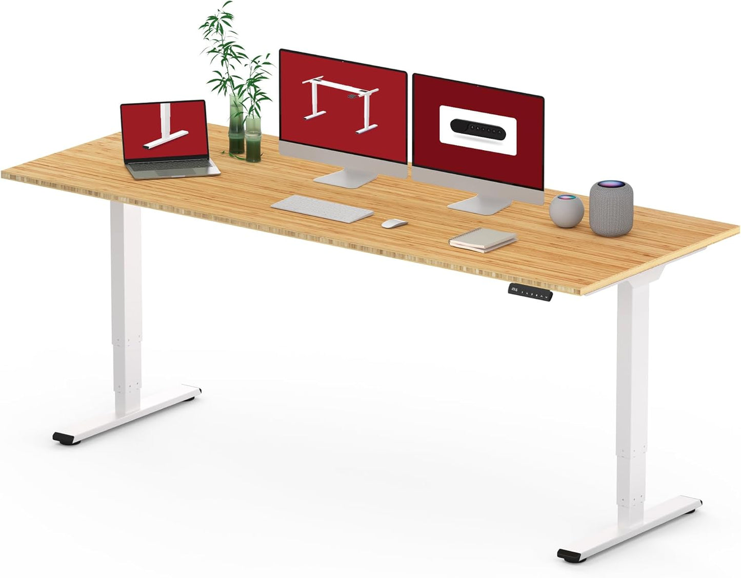 Standing Desk with Dual Motor, 3-Stage Lifting Column, Handset with 3 Preset and Sit-Stand Reminder - 78 inch Whole Piece Real Bamboo/White Frame, Height Adjustable Desk for Home and Office
