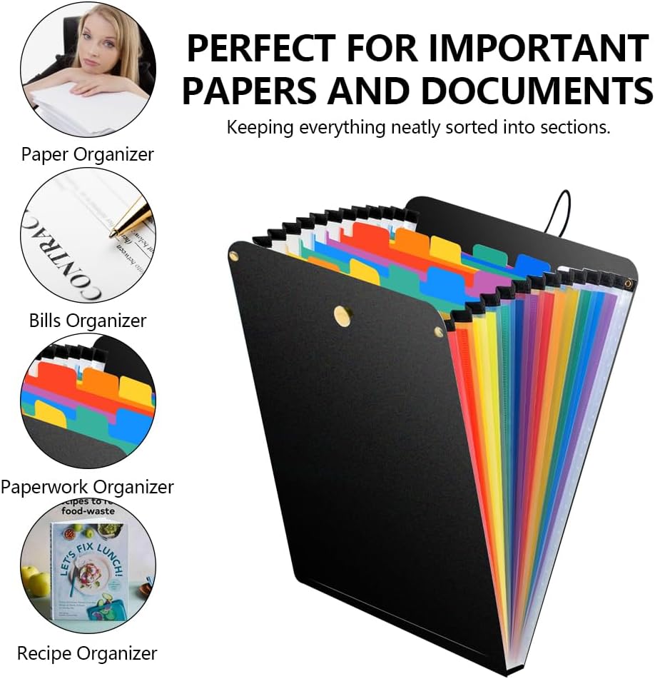 Vertical File Folder Expanding Accordion Folder with 13 Pockets Multi Pocket File Organizer Letter Size for Easy Backpack Access(2 Pack Inner Colorful)