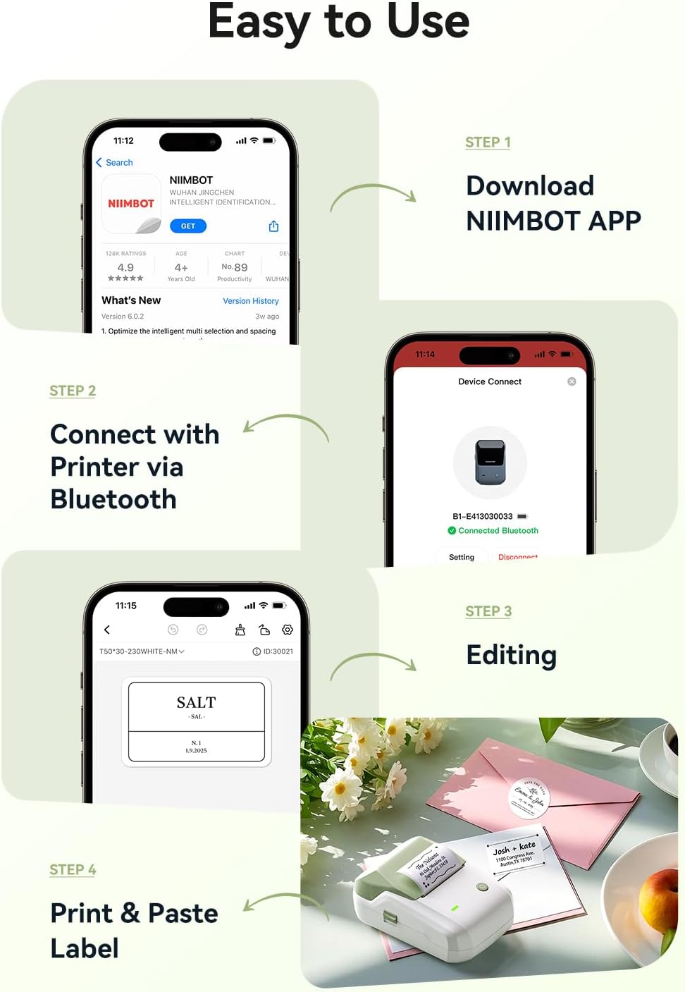 NIIMBOT B1 Label Maker, Bluetooth Portable Thermal Printer Machine with Large Waterproof Tape and Multiple Templates for Small Business,Office,Home,School, 2 Inch (Green, 1 Printer+1 Roll Label)