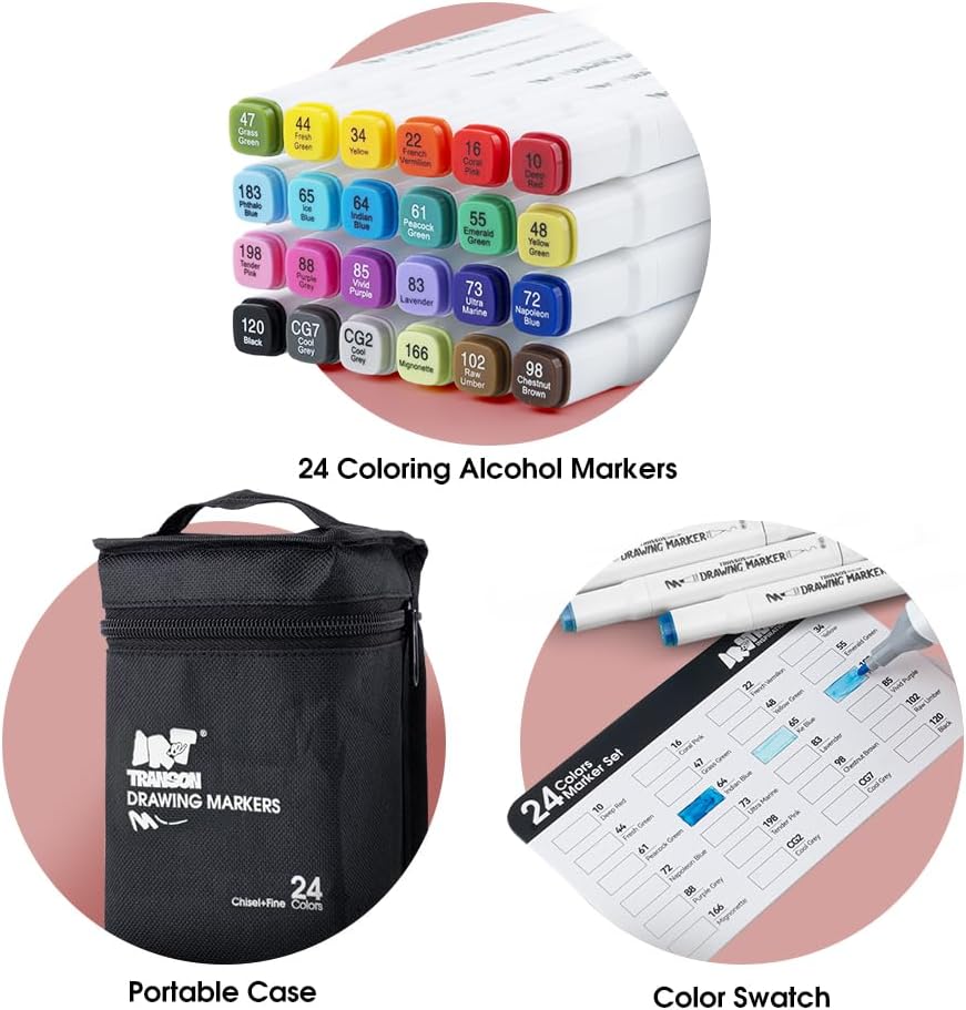 TRANSON Alcohol Markers for Drawing Coloring 24 Colors Dual-tip Fine and Chisel Tips