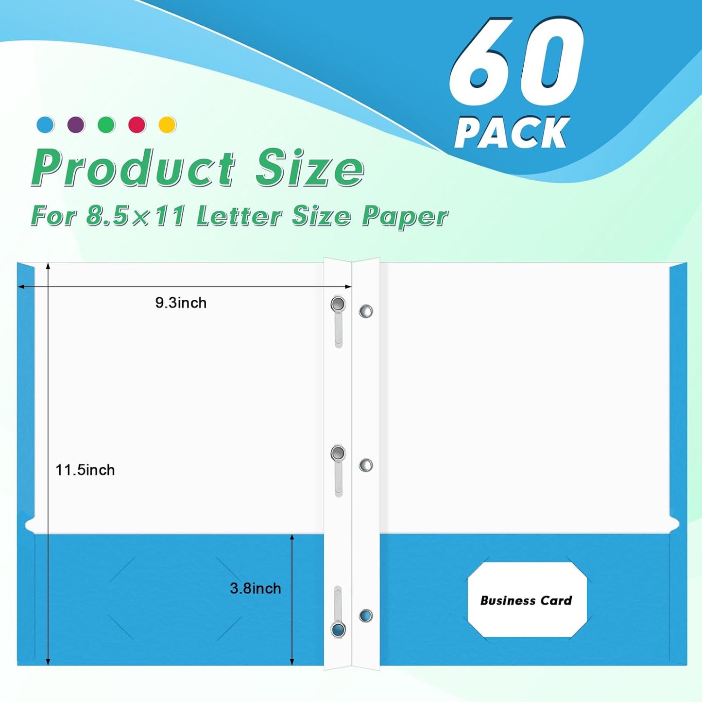 Two Pocket Folders, PANDRI 60 Pack Two Pocket Folders with Prongs, 2 Pocket 3 Prong Folders Designed for Office and Classroom, Letter Size, Assorted 5 Colors