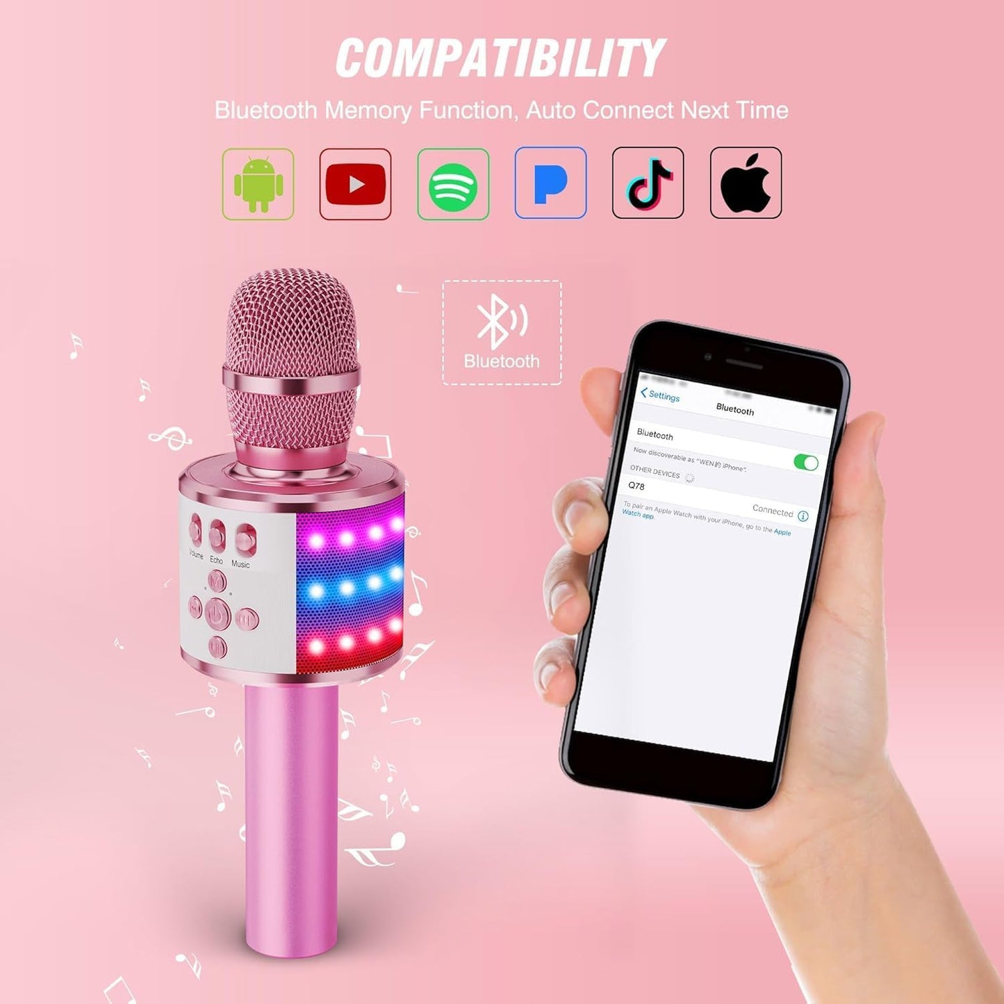 BONAOK Karaoke Microphone for Kids & Adults - Bluetooth Microphones Singing Mic with Disco Lights, Echo Effect, Built-in Speaker Portable Karaoke Player for Party Travel Gifts Q78(Light Pink)