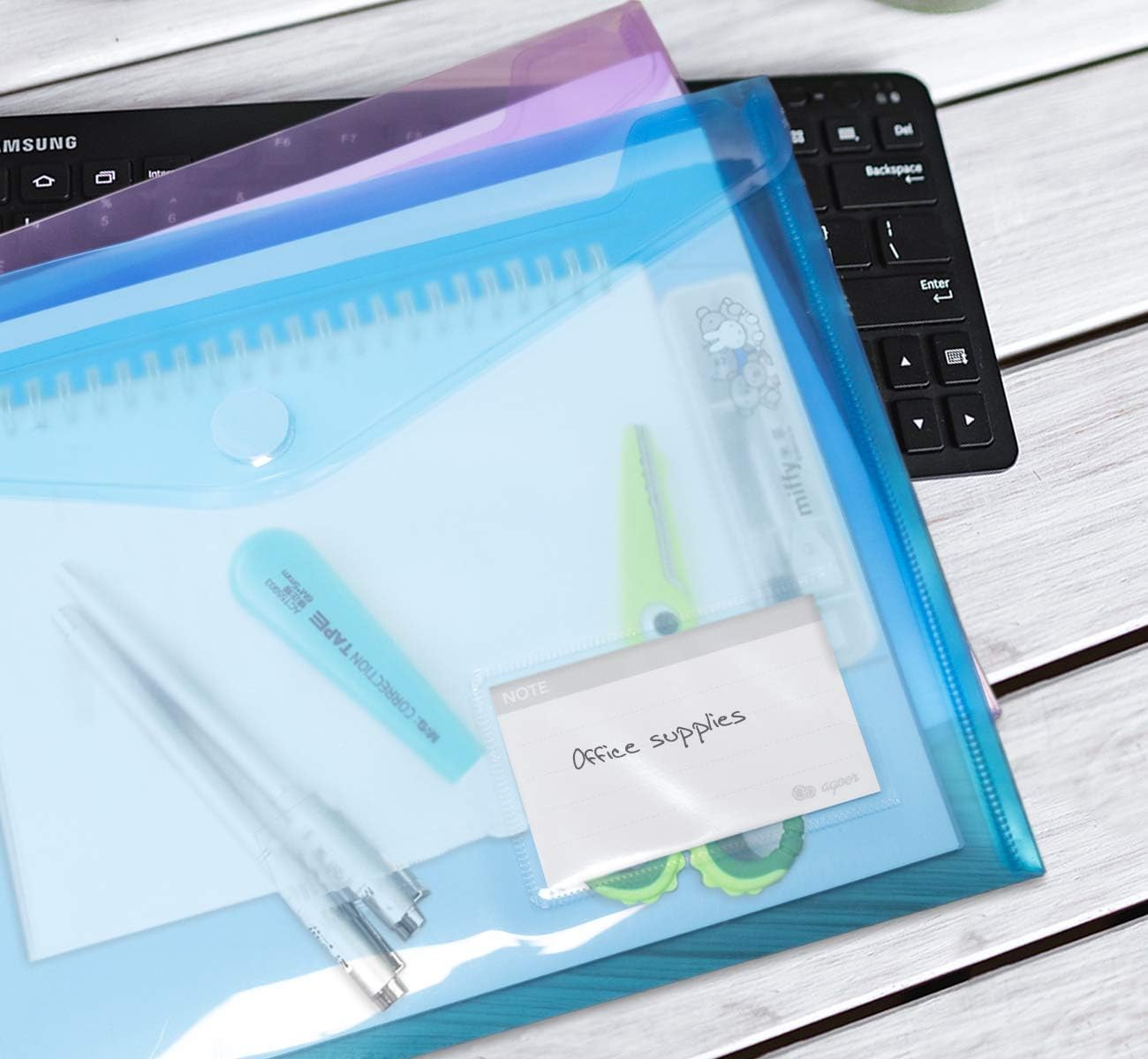 24 Pack Folders Plastic Envelopes, Colorful Plastic File Folders for Document, Letter A4 Size Poly File Envelopes with Label Pocket, Hook & Loop Closure for School Home Work Office Organizer, 6 Colors