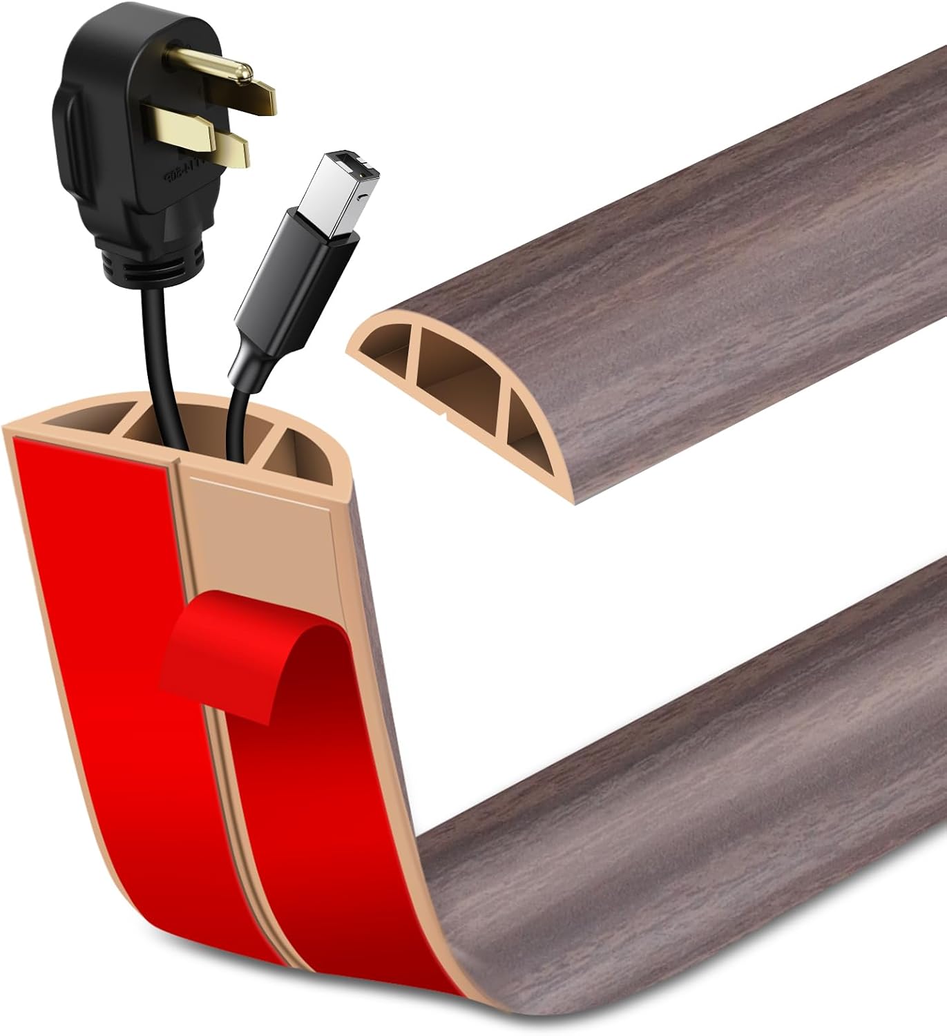 Floor Cord Cover Self Adhesive Cord Hider Floor Extension Cord Covers for Floor Power Cord Protector Cable Management Prevent Cable Trips Cable Cavity 0.51" W x 0.31" H (Brown Walnut Wood, 20Ft)