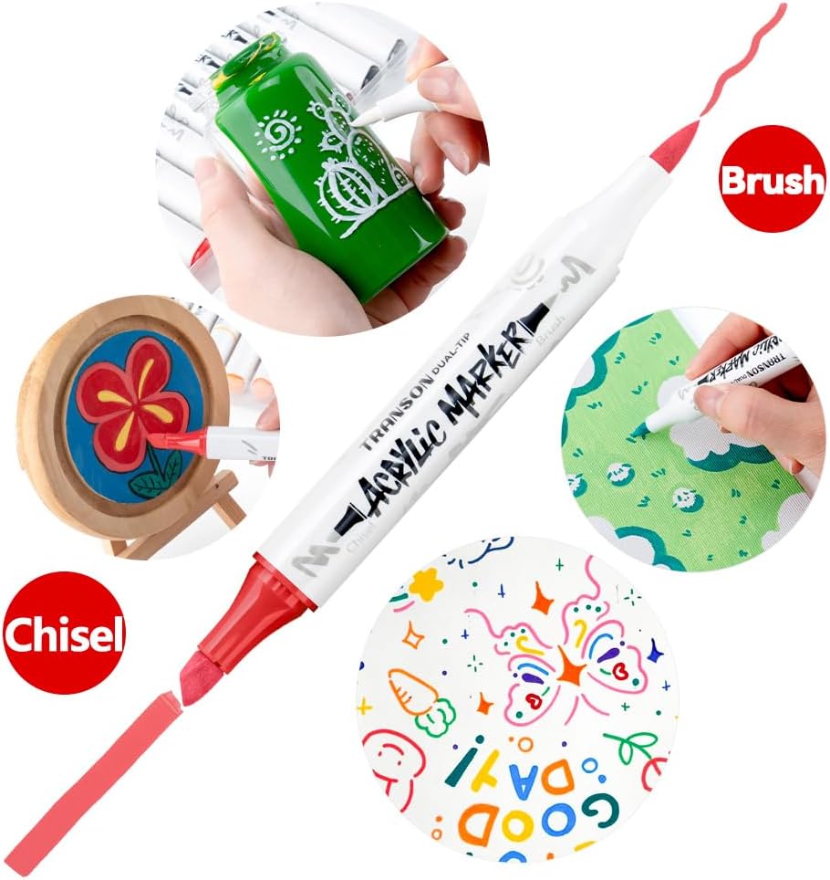 TRANSON 12 Colors Chisel and Brush Dual-tip Acrylic Paint Marker Pen Set for Canvas Rock Wood Leather Ceramic DIY Painting