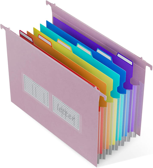 ThinkTex Plastic Expanding Hanging File Folders, 7 Innovative 1.2" Accordion Pockets, Large Capacity, Multi-Color Tabs, Letter Size for Filing Cabinet - Purple