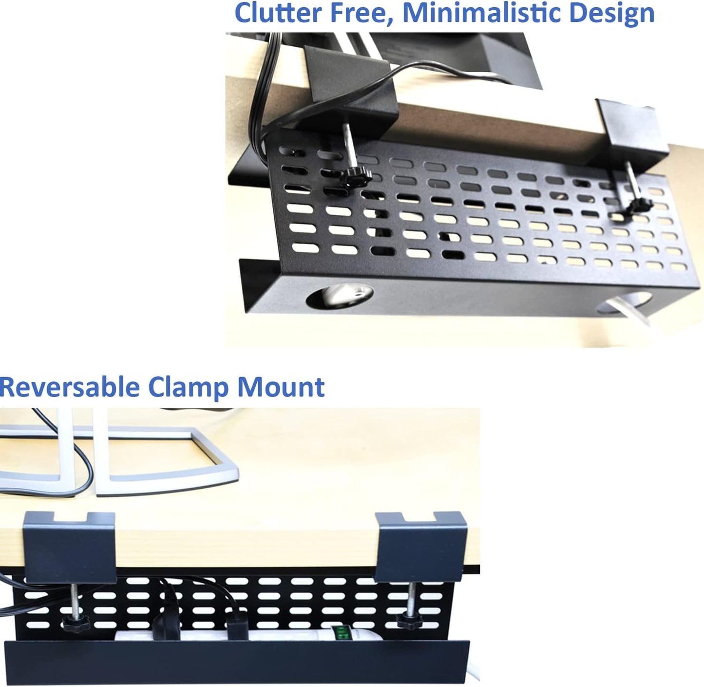 AEONS Under Desk Cable Management Tray Black Horizontal 16-inch Under Desk Removable C Clamp Mount Computer Cord Raceway and Modesty Panel