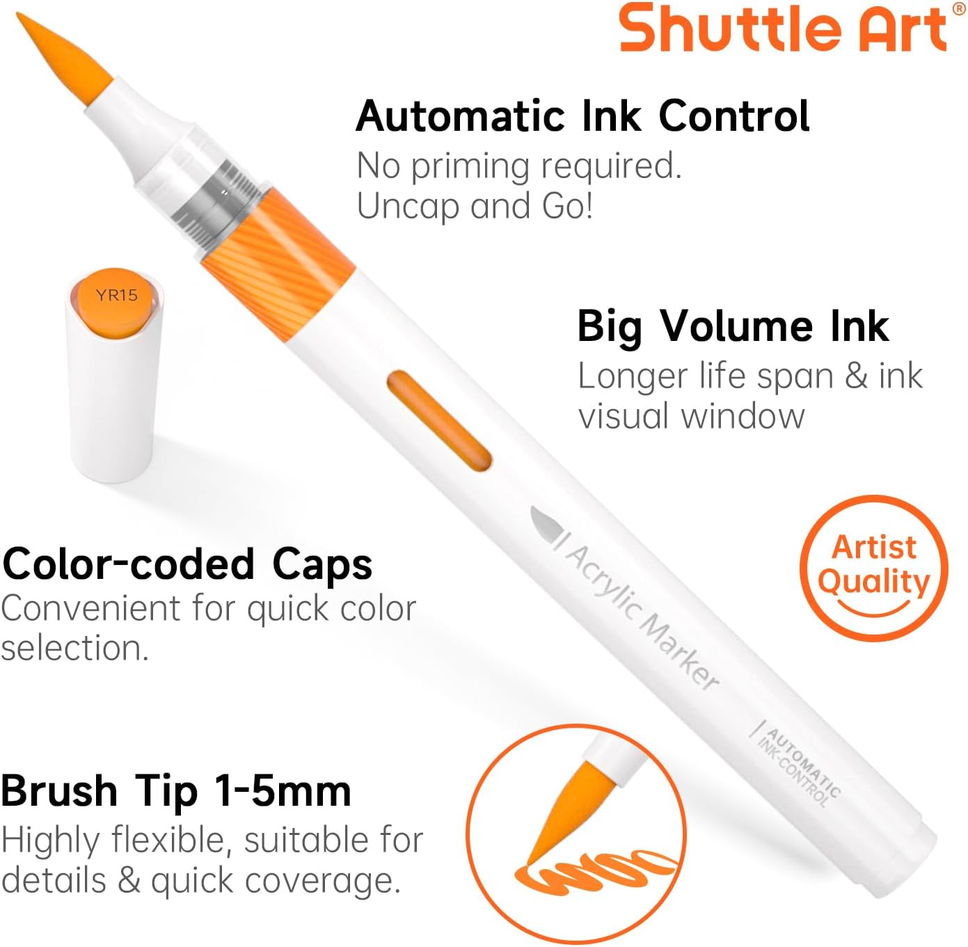 Shuttle Art Automatic Ink Control Acrylic Paint Markers, 60 Colors Brush Tip Acrylic Paint Pens for Rock Painting, Ceramic, Wood, Canvas, Glass, Stone, Fabric, Card Making, DIY & Art Supplies
