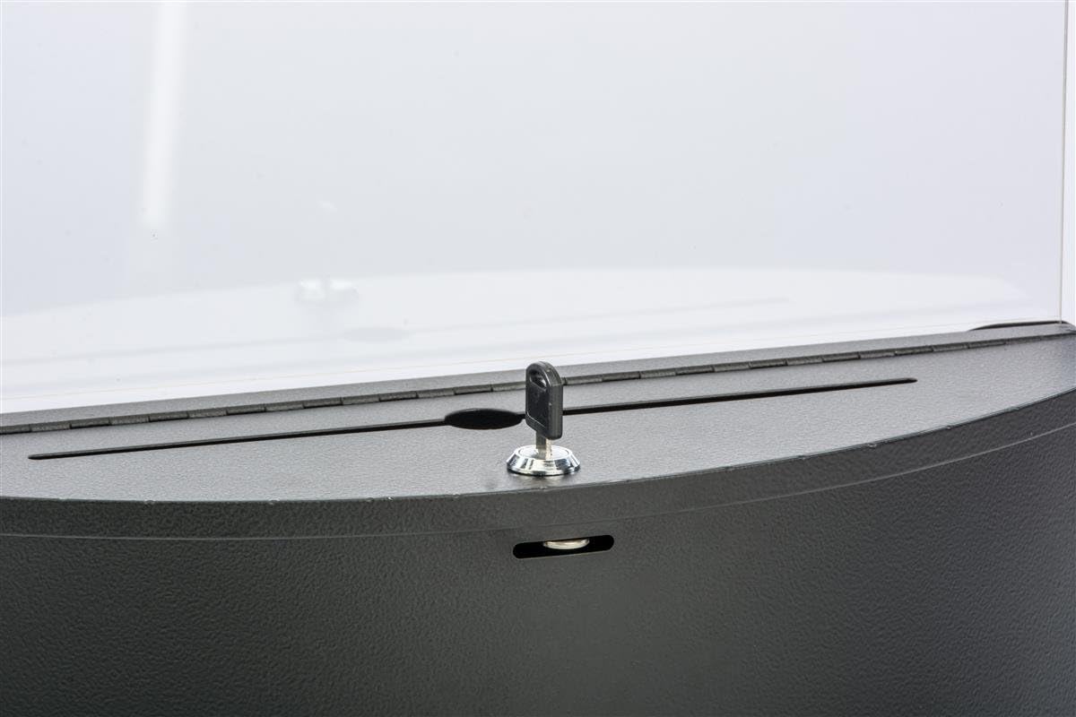 Ballot and Suggestion Box, Locking, Includes 17" x 11" Sign Holder, Pocket for Papers (Black, Metal)