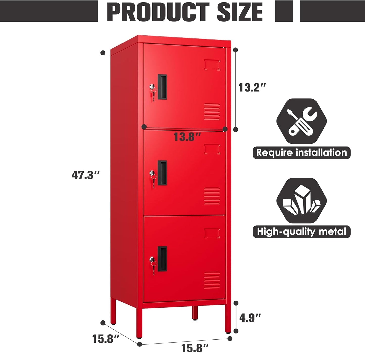 Metal Storage Locker with Ventilation Holes, Metal Storage Locker with Lock and Card Slof for Children Room, School, Office, Home,47.3" H x 15.8" W x 15.8" D,Assembly Required,Red