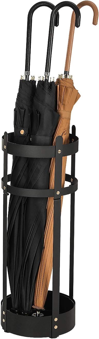 SONGMICS Umbrella Stand, Steel Round Umbrella Holder Rack, 7.7 x 7.7 x 21.7 Inches, with Detachable Drip Tray, for Entryway, Office, Stable, Assembly Required, Matte Black ULUC28BK