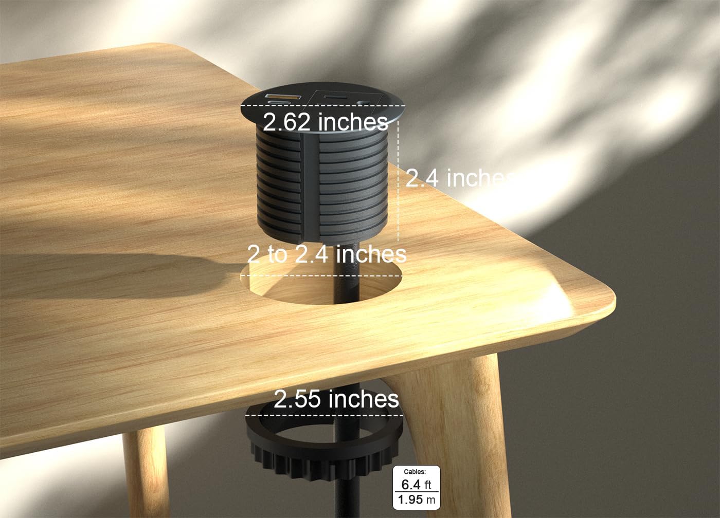 2pcs Desktop Power Grommet,2-inch Hole,20W USB C Fast Charging,2-USB Port,Flush Mount,Flat Plug,6.4 ft Cord,Black